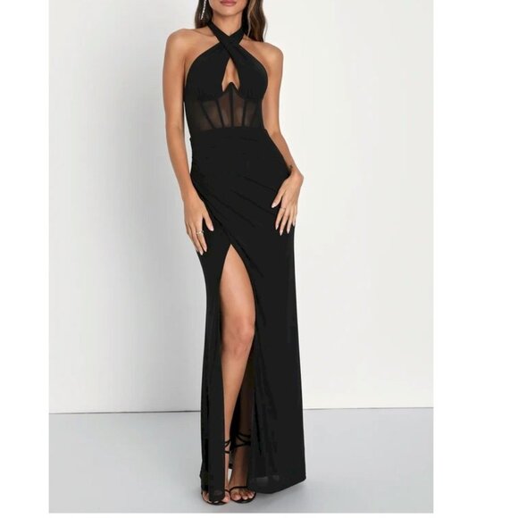 Never-Ending Glamour Black Mesh Cross-Front Halter Maxi Dress Size XS NWOT - Picture 12 of 13